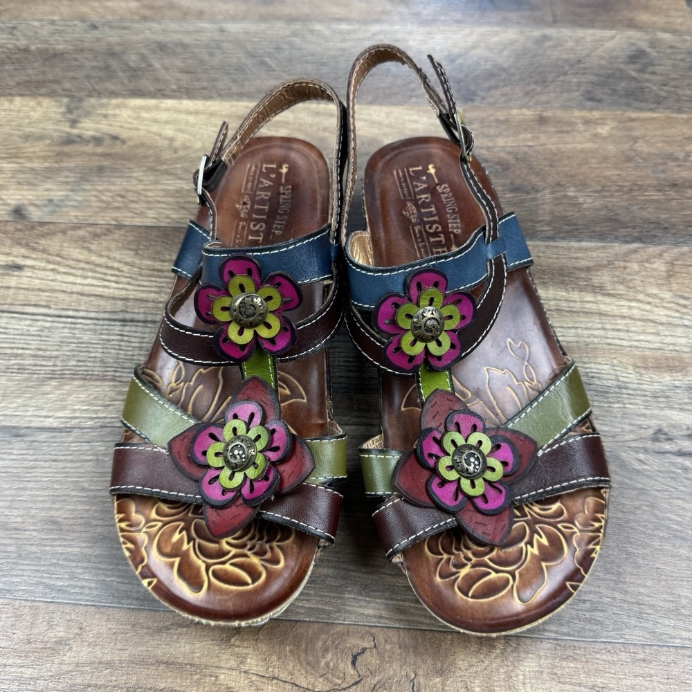 Spring Step‎ Belladonna Colorful Leather Flower Wedge Sandals EU37 Fits US6.5-7